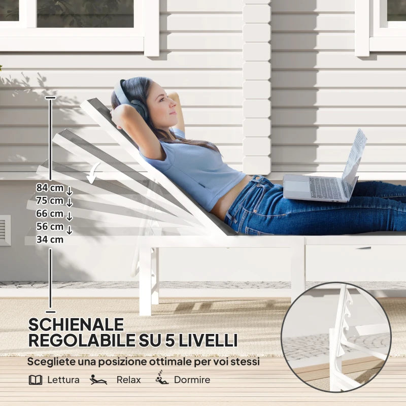 Outsunny Lettino Sdraio con Schienale Regolabile su 5 Livelli, in Acciaio e Textilene, 60x166x84 cm, Bianco e Grigio