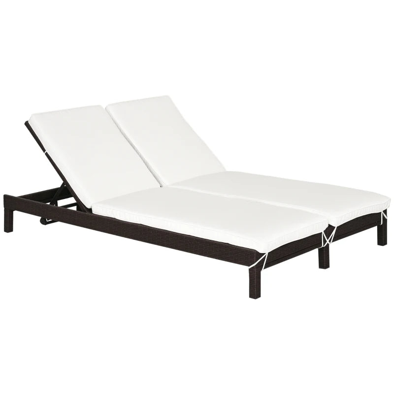 Outsunny Lettino Prendisole a 2 Posti, Sdraio in Acciaio e Rattan, Schienale Regolabile, 196 x 120 x 28cm Marrone e Bianco Crema