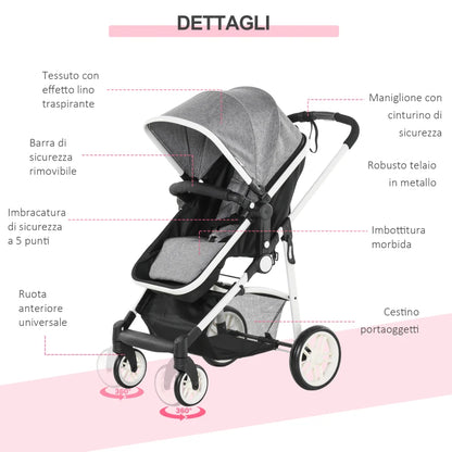 HOMCOM Carrozzina per Bambini 0-36 Mesi Pieghevole e Regolabile, in Metallo e Poliestere, 80x51x102 cm, Grigio