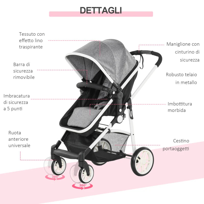 HOMCOM Carrozzina per Bambini 0-36 Mesi Pieghevole e Regolabile, in Metallo e Poliestere, 80x51x102 cm, Grigio