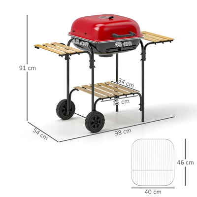 Outsunny Barbecue a Carbone con 3 Ripiani e Ruote, Coperchio con Presa d'Aria Regolabile, Rosso