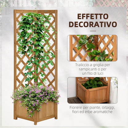 Outsunny Fioriera da Giardino in Legno di Abete Marrone con Grigliato per Rampicanti e Decorazioni, 40x40x145 cm