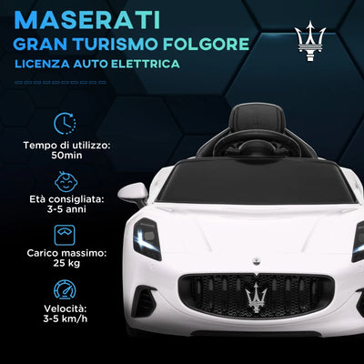 AIYAPLAY Macchina per Bambini 12V Maserati Gran Turismo Folgore con Telecomando, Età 3-5 Anni, Bianco