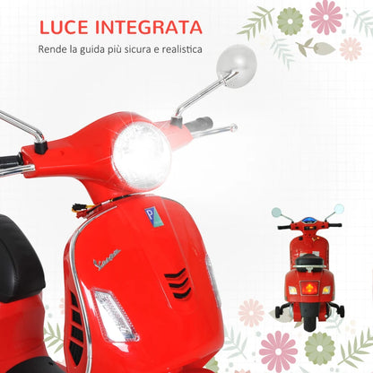 HOMCOM Moto Elettrica per Bambini Design Vespa, Batteria 6V con Suoni e Luci, Età 3-6 Anni, Rosso