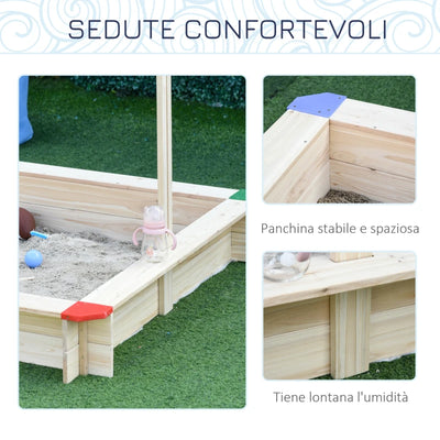 Outsunny Sabbiera per Bambini in Legno con Panca e Tettuccio Parasole Regolabile, 120x120x120cm, Colore Legno e Blu