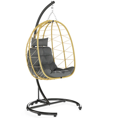 Outsunny Poltrona Sospesa e Pieghevole con Cuscini, in Acciaio e Rattan PE, 102x102x195 cm, Nera Grigia e Beige