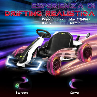 HOMCOM Go Kart Elettrico per Bambini 6-12 Anni 24V 12km/h con Seggiolino Regolabile, Bianco