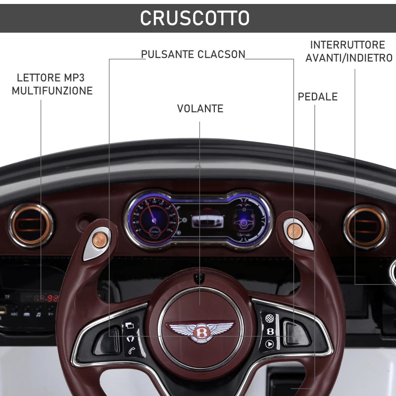 HOMCOM Macchina Elettrica per Bambini Bentley GT 6V, con Doppi Motori, Auto Elettrica per Bambini con Telecomando, Clacson, Suoni, Fari e 2 Portiere Apribili, 2.5-5 km/h, per 3-5 Anni, Bianco