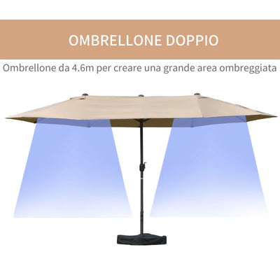 Outsunny Ombrellone da Giardino Doppio 460x270cm, Ombrellone da Esterno con Apertura a Manovella, Base a Croce e Zavorra, Acciaio e Poliestere Khaki