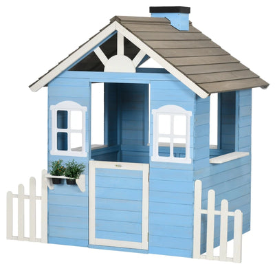 Outsunny Casa per Bimbi 3-7 Anni con Staccionata, Portavasi, Porta e Finestre, in Legno di Abete, 151x112.5x142 cm, Blu