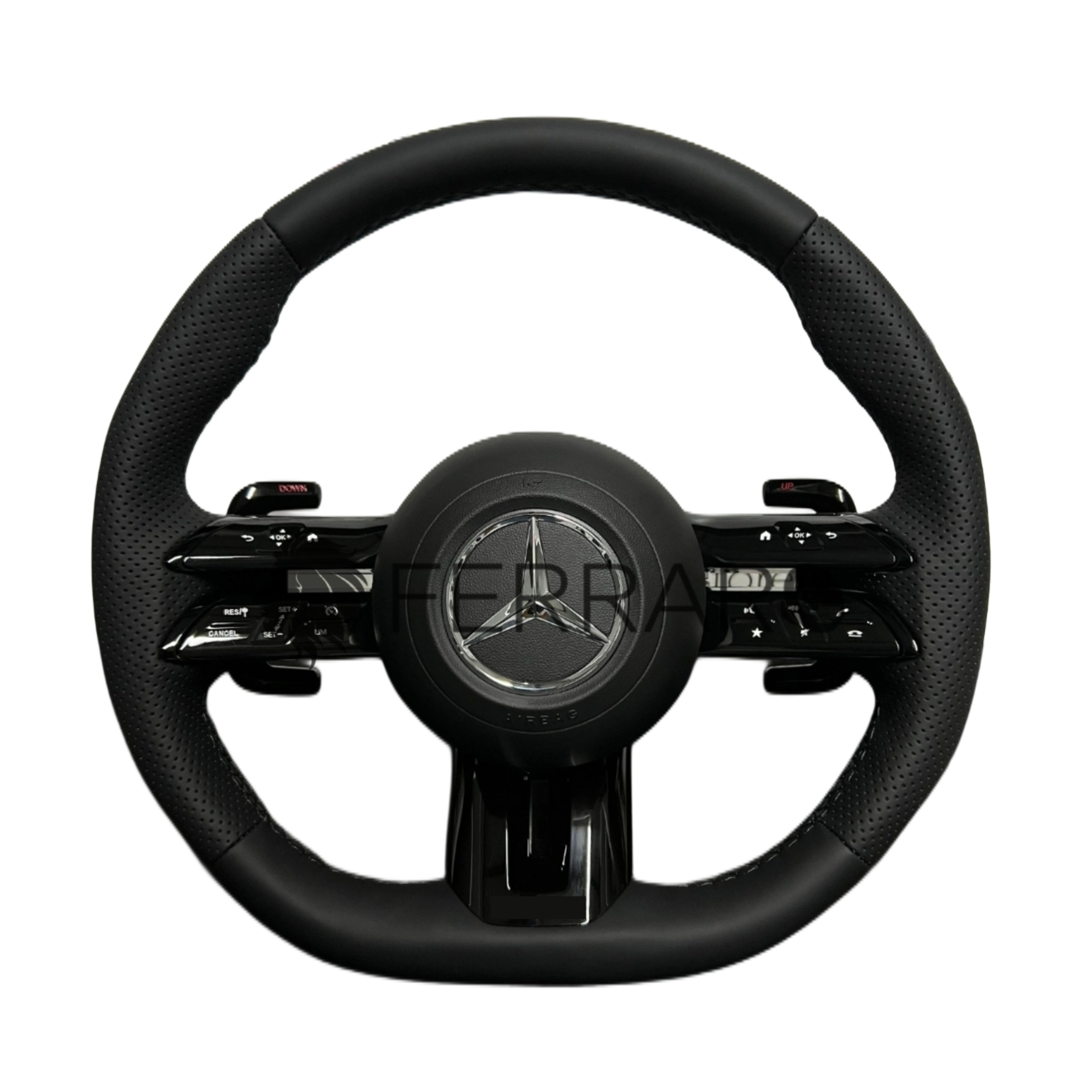 Volante per Mercedes, Nero Lucido, Logo Argento, Filo Nero, Perforato