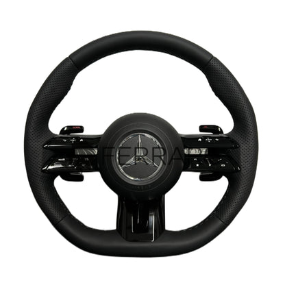 Volante per Mercedes, Nero Lucido, Logo Argento, Filo Nero, Perforato