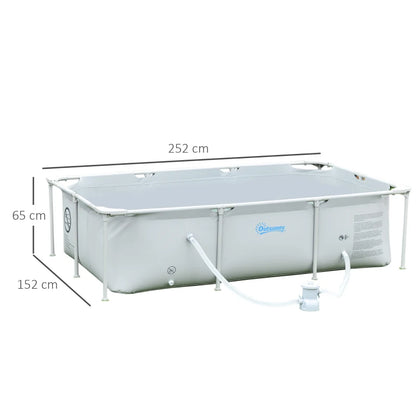 Outsunny Piscina Fuori Terra Autoportante, Piscina Rigida Rettangolare con Filtro e Valvola in Acciaio e PVC, Grigio, 252x152x65cm