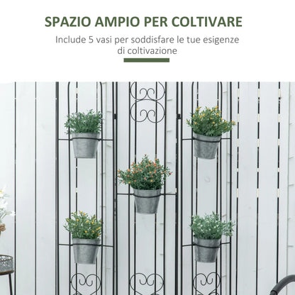 Outsunny Portapiante Verticale Pieghevole con 5 Vasi da Esterno in Metallo, 82x12.5x150cm, Nero