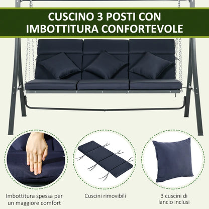 Outsunny Dondolo da Giardino 3 Posti con Cuscini, Seduta Chaise Longue e Tettuccio, 198x118x168 cm, Blu Scuro