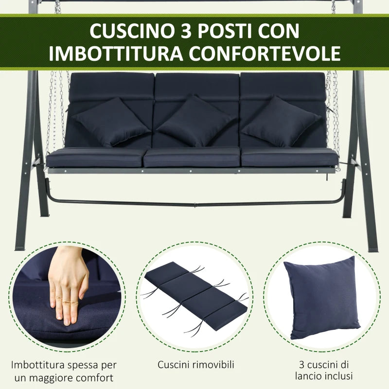 Outsunny Dondolo da Giardino 3 Posti con Cuscini, Seduta Chaise Longue e Tettuccio, 198x118x168 cm, Blu Scuro