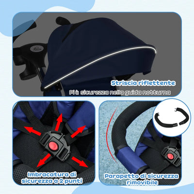 HOMCOM Triciclo Passeggino per Bambini con Maniglione, Parasole Regolabile e Cintura di Sicurezza, Blu Scuro