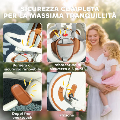 AIYAPLAY Triciclo per Bambini 5 in 1 con Maniglione di Spinta e Copertura Rimovibile, 96.5x49x101 cm, Bianco Crema