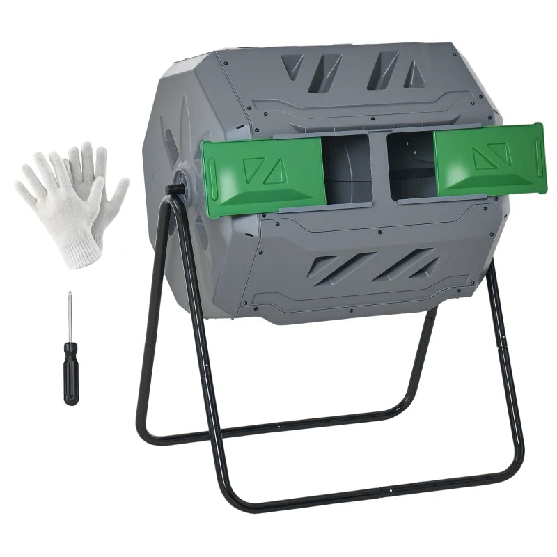 Outsunny Compostiera da Giardino Girevole a 2 Sezioni con 8 Prese d'Aria, in Acciaio e PP, 71x65x96 cm, Grigio