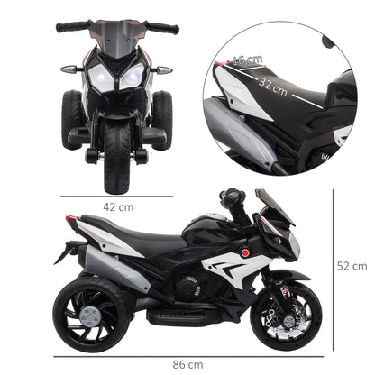 HOMCOM Moto Elettrica per Bambini 3-5 Anni Max. 25kg con Luci, Musica, Batteria 6V e Velocità 3km/h, 86cmx42cmx52cm Nera