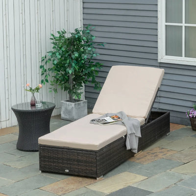 Outsunny Lettino Prendisole in Rattan PE con Schienale Reclinabile su 5 Posizioni, 195x68x31cm, Marrone