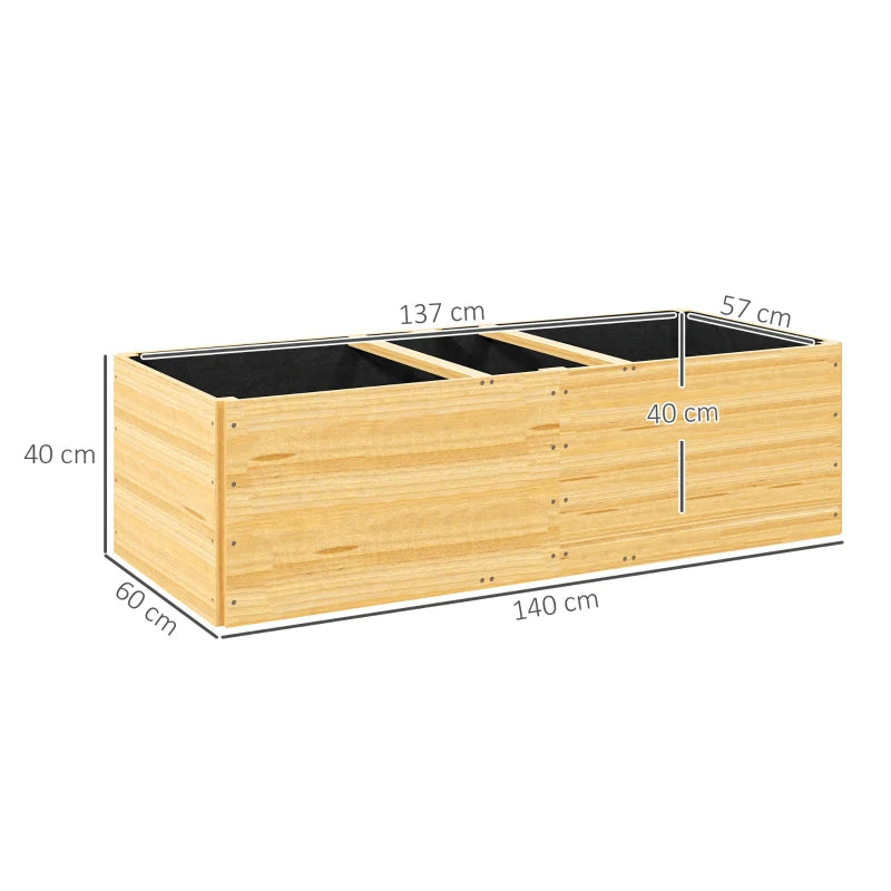 Outsunny Fioriera da Esterno in Legno di Abete Divisa in 3 Aree con Strato in Tessuto non Tessuto, 140x60x40 cm
