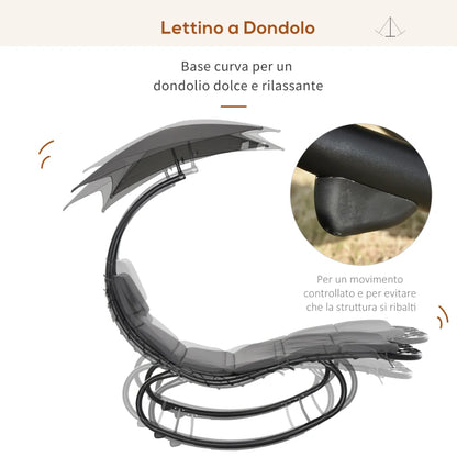 Outsunny Lettino a Dondolo da Giardino, Sdraio Prendisole, Sedia a Dondolo per Esterno con Seduta Imbottita e Tettuccio Grigio 185x114x190cm