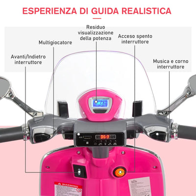 HOMCOM Moto Elettrica per Bambini con Licenza Ufficiale Vespa, 2 Rotelle, Luci e Suoni, 108x49x75 cm, Rosa