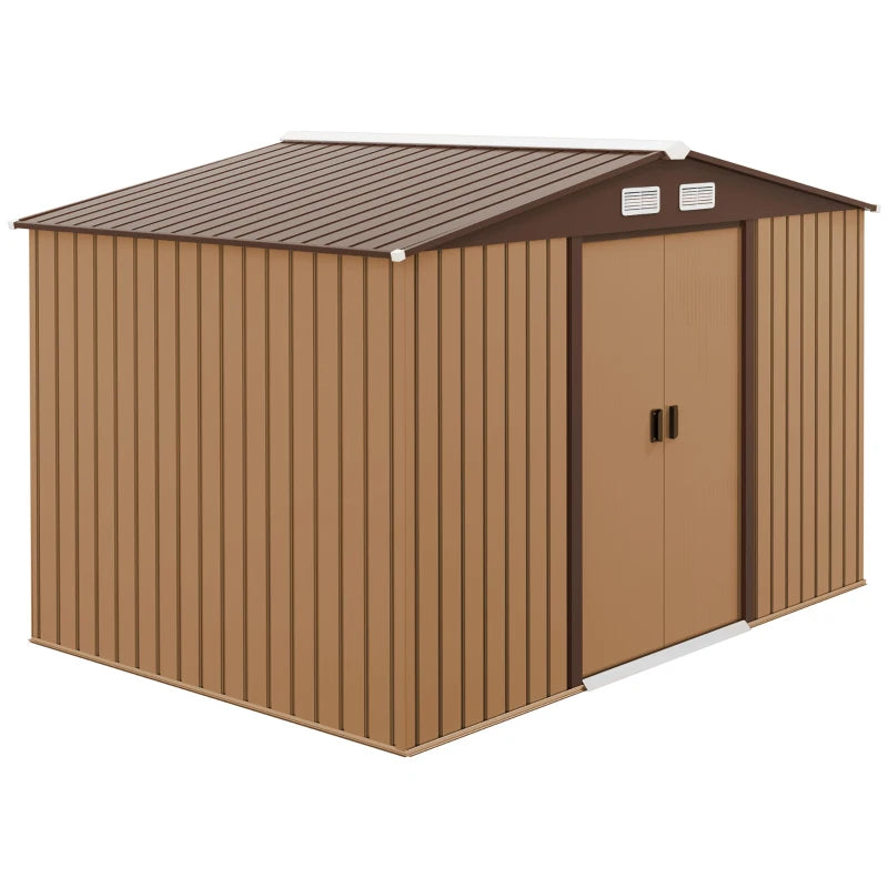 Outsunny Capanno per Attrezzi 4.9m² con Fondazione, 4 Prese d'Aria e 2 Porte Scorrevoli in Acciaio, 277x195x192cm, Giallo