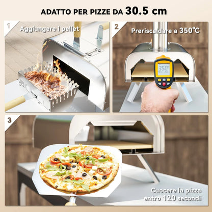 Outsunny Forno per Pizza a Pellet di Legno con Pietra Refrattaria e Pala, in Acciaio Inox, 79x36x75 cm, Argento