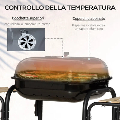 Outsunny Barbecue a Carbone con Coperchio, Ripiani e Ruote, Completo di Spatola, Pinza e Coltello, Nero