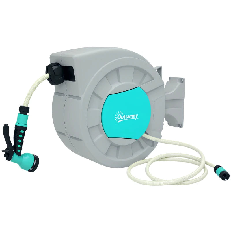Outsunny Avvolgitubo Automatico a Parete e Portatile Lunghezza 25+2 m, Sistema di Blocco e 7 Getti, Grigio