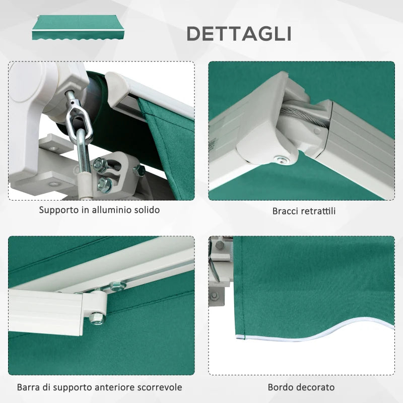 Outsunny Tenda da Sole Avvolgibile a Caduta con Manovella, in Alluminio e Poliestere, 3x2.5m, Verde Scuro