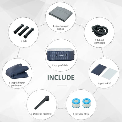 Outsunny Spa Idromassaggio Gonfiabile con 108 Getti e Riscaldamento 40°C, per 4-6 Persone, 180x180x68cm, Blu Scuro