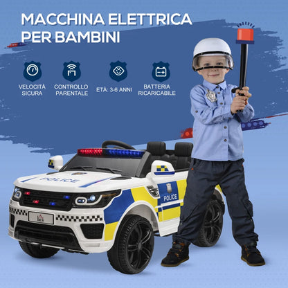 HOMCOM Macchina Elettrica per Bambini della Polizia, Batteria 12V e Telecomando, Sirena Luci Attacco USB per Musica, 110x68x52cm, Bianco