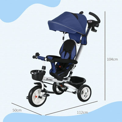 HOMCOM Triciclo Passeggino per Bambini con Maniglione, Parasole Regolabile e Cintura di Sicurezza, Blu Scuro