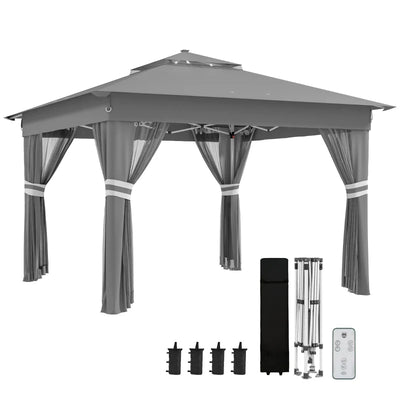 Outsunny Gazebo da Giardino ad Altezza Regolabile con Luci LED, in Acciaio e tessuto Oxford, 336x336x250-270 cm, Grigio