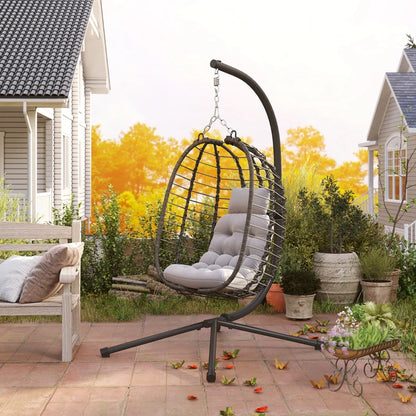 Outsunny Sedia Sospesa in Rattan a Uovo con Cuscino e Poggiatesta, Altezza Regolabile e Seduta Richiudibile, Grigio
