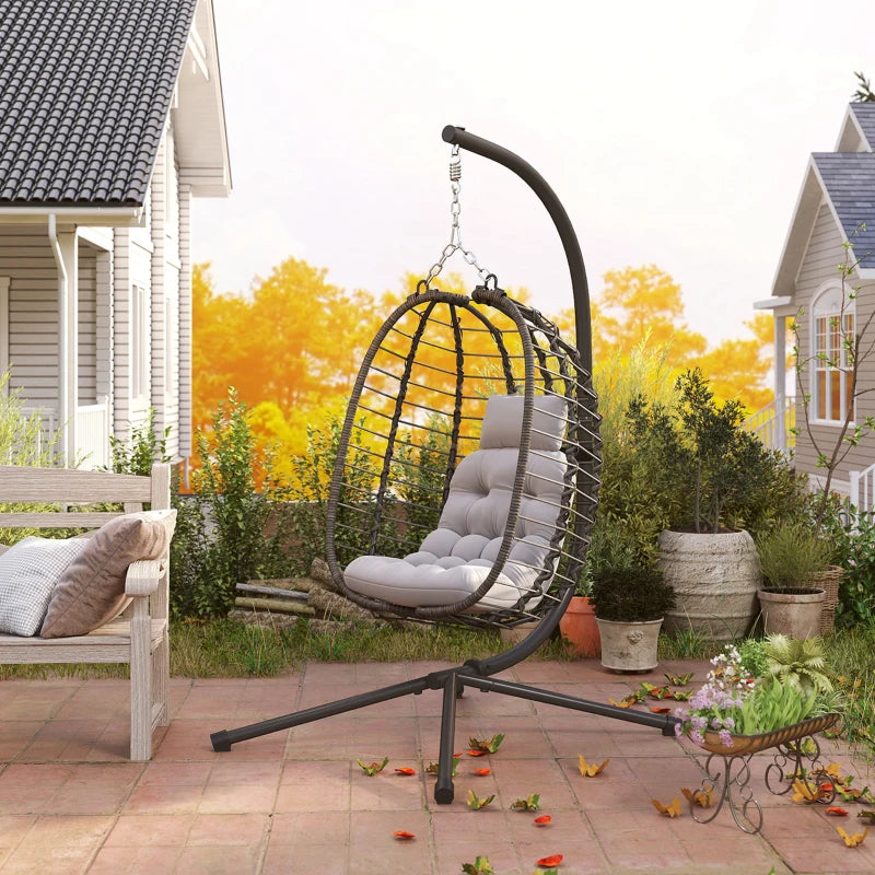 Outsunny Sedia Sospesa in Rattan a Uovo con Cuscino e Poggiatesta, Altezza Regolabile e Seduta Richiudibile, Grigio