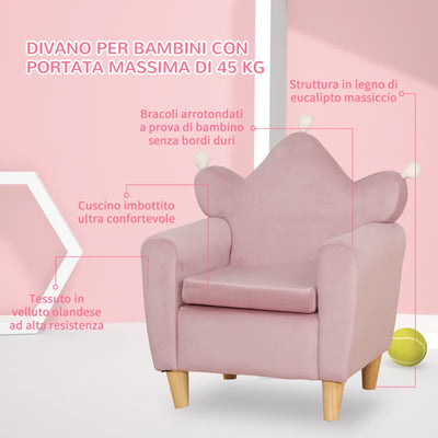 HOMCOM Poltrona per Bambini in Tessuto Effetto Velluto Rosa con Schienale a Corona, 50.2x41.9x57.8 cm