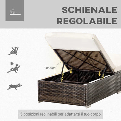 Outsunny Lettino Prendisole in Rattan PE con Schienale Reclinabile su 5 Posizioni, 195x68x31cm, Marrone
