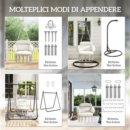 Outsunny Poltrona Sospesa in Stile Boho con Cuscino, in Acciaio, Cotone e Poliestere, 80x60x40 cm, Bianco Crema