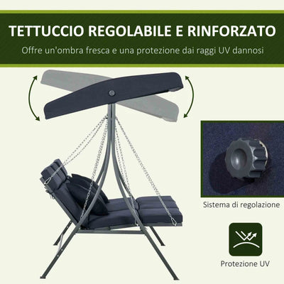 Outsunny Dondolo da Giardino 3 Posti con Cuscini, Seduta Chaise Longue e Tettuccio, 198x118x168 cm, Blu Scuro