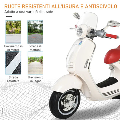 HOMCOM Moto Elettrica per Bambini con Licenza Ufficiale Vespa, 2 Rotelle, Luci e Suoni, 108x49x75 cm, Bianca