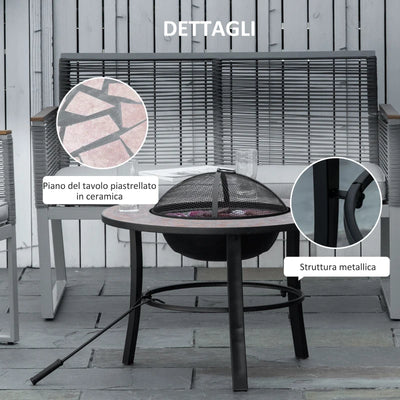 Outsunny Braciere da Giardino con Coperchio Parascintille, Attizzatoio e Piano in Ceramica, 68x68x45 cm, Nero