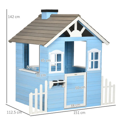 Outsunny Casa per Bimbi 3-7 Anni con Staccionata, Portavasi, Porta e Finestre, in Legno di Abete, 151x112.5x142 cm, Blu