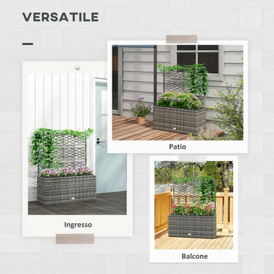 Outsunny Fioriera con Grigliato per Rampicanti con 3 Vasi in Acciaio e Rattan PE, 84x30x107cm, Grigio