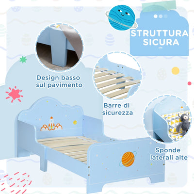 ZONEKIZ Letto per Bambini con Sponde e Fantasia Spaziale, Età 3-6 Anni, 143x74x59cm, Azzurro