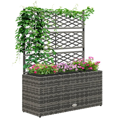 Outsunny Fioriera con Grigliato per Rampicanti con 3 Vasi in Acciaio e Rattan PE, 84x30x107cm, Grigio