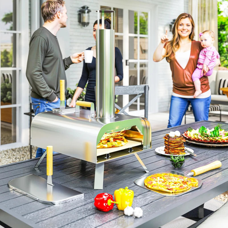 Outsunny Forno per Pizza a Pellet di Legno con Pietra Refrattaria e Pala, in Acciaio Inox, 79x36x75 cm, Argento